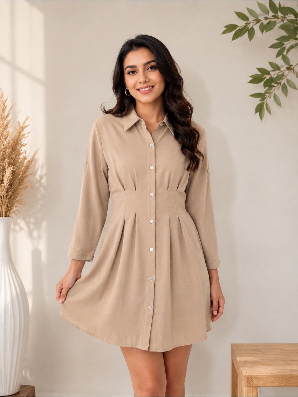 Emery Rose Beige Button Front Collared Midi Dress M